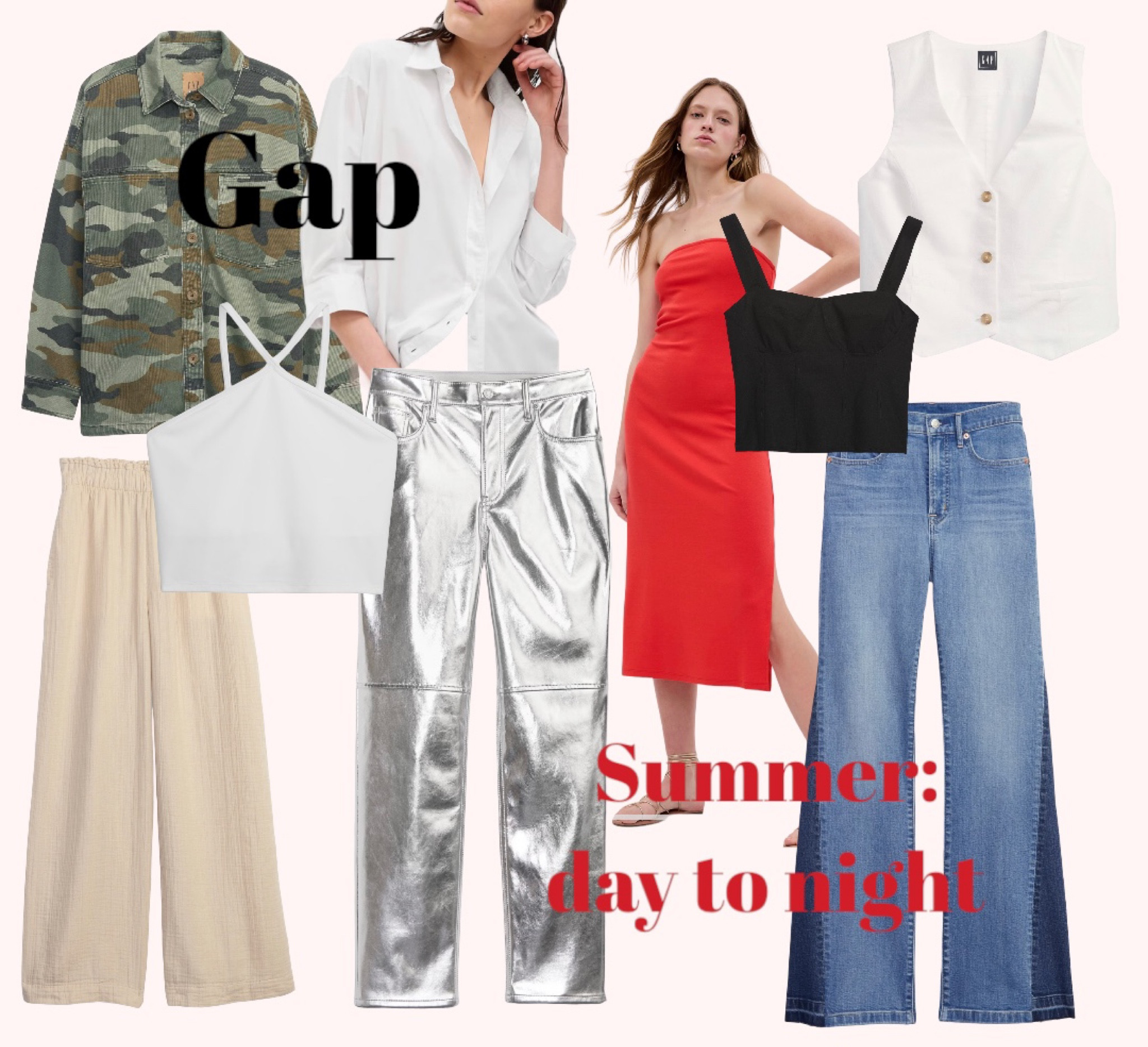 Gap Sale! Trendy Summer looks from day to night! 
Metallic straight leg pants 
Linen 
Black corset style top
White halter 
Oversized army fatigue denim shacket 
Crinkle wide leg pants and tunic 
White linen vest 
Red type midi strapless dress 

#LTKunder100 #LTKSeasonal #LTKsalealert
