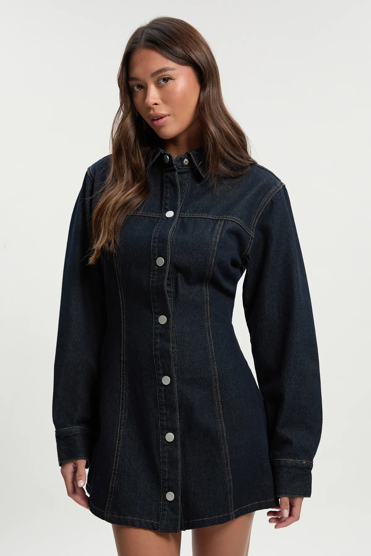 Indigo Long Sleeve Cinched Waist Denim Dress | Boohoo USA | boohoo (US & Canada)