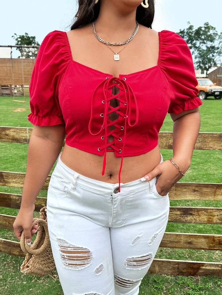 SHEIN Frenchy Plus Lace Up Front Puff Sleeve Crop Blouse
       
              
              $9.... | SHEIN