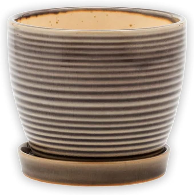 13923 Ribbed Brown 4.75 x 5.5 Ceramic Standing Container Garden Planter Pot with Saucer | Amazon (US)