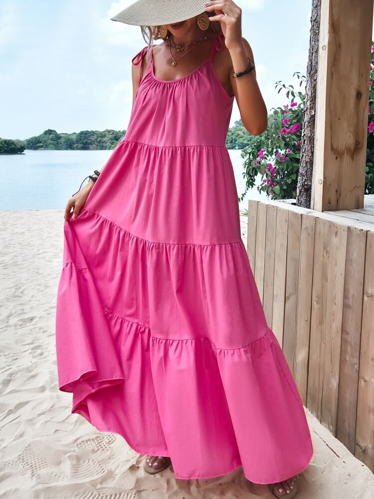 Solid Tie Shoulder Ruffle Hem Dress | SHEIN