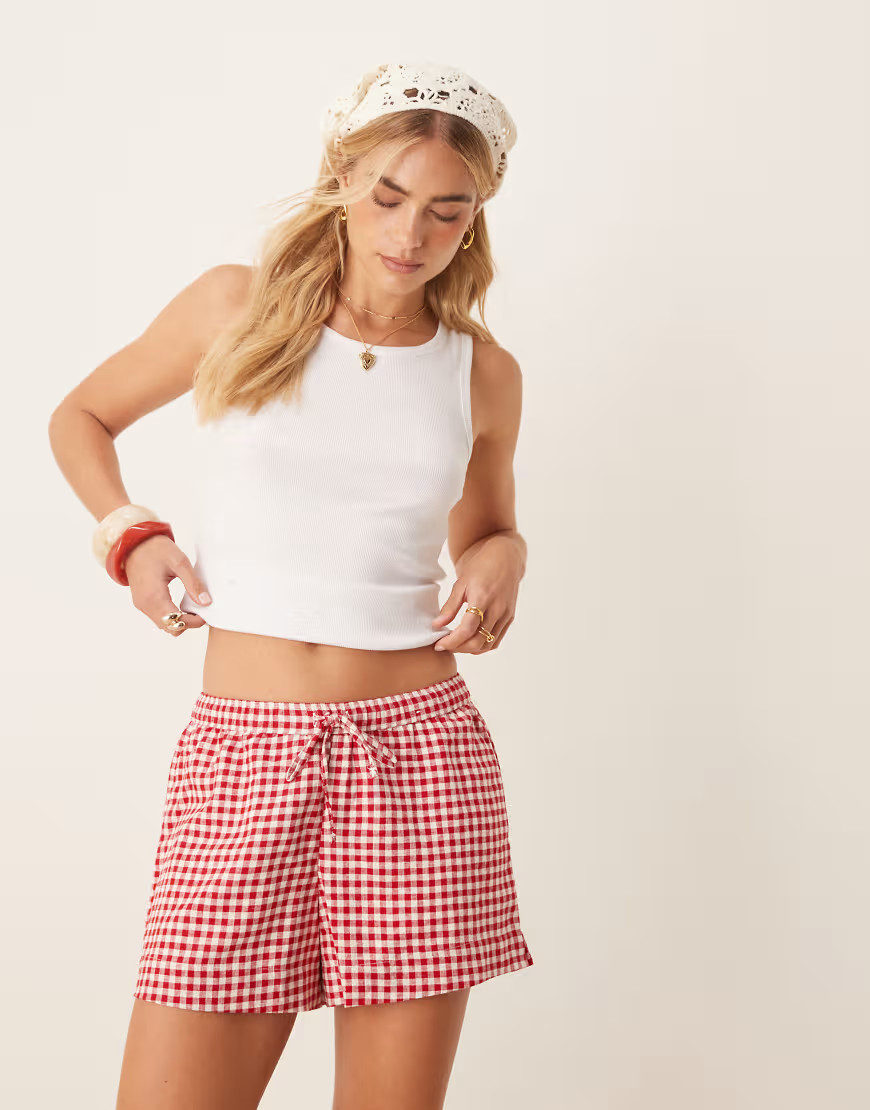 Abercrombie & Fitch tie waist linen shorts in red gingham | ASOS (Global)