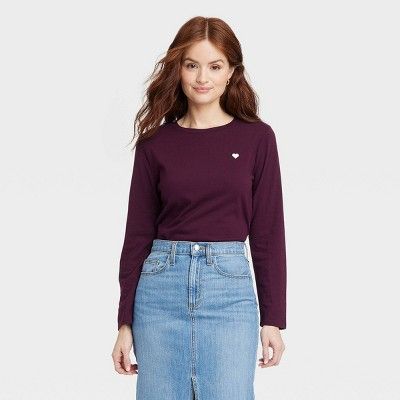 Women's Long Sleeve Embroidered Heart T-Shirt - A New Day™ | Target