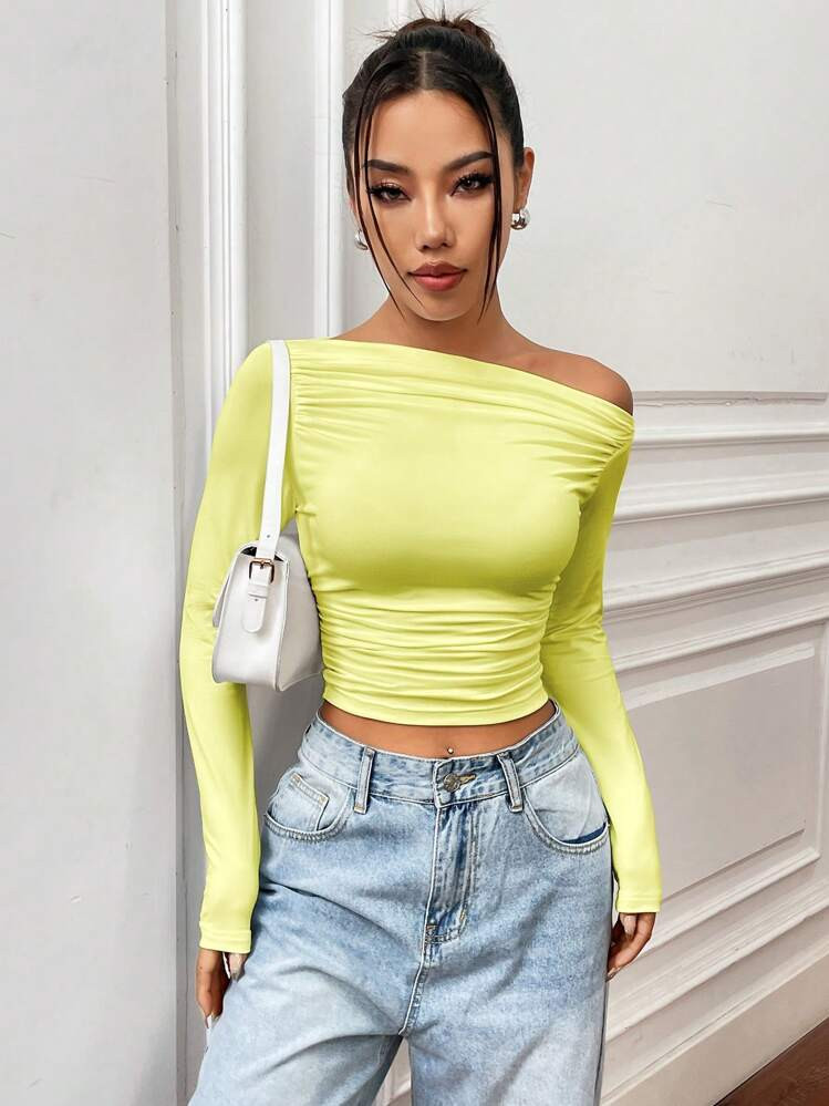 SHEIN MOOSTA Women's Asymmetric Neck Asymmetrical Neck Long Sleeve Ruched Soft Sweet Fashion T-Sh... | SHEIN