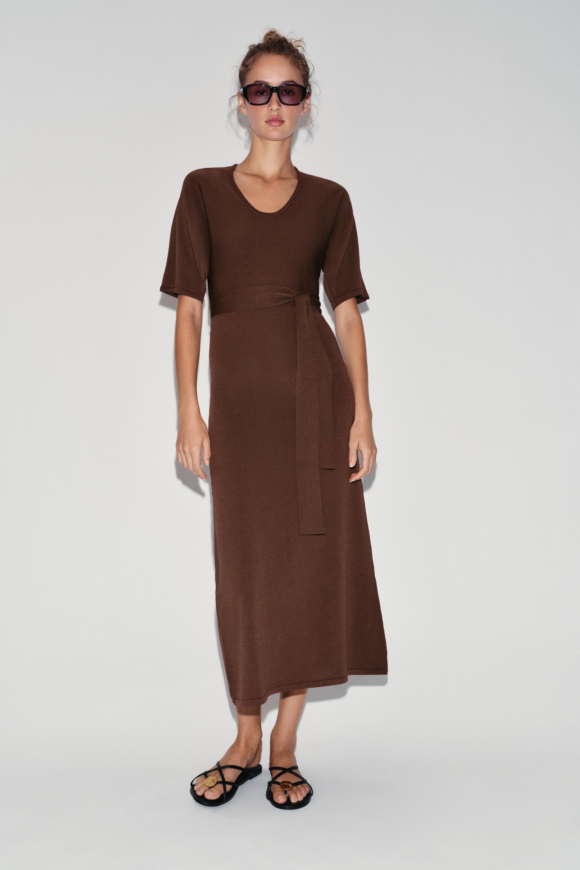 Zara - Belted Knit Midi Dress - Brown - S - Woman | Zara US