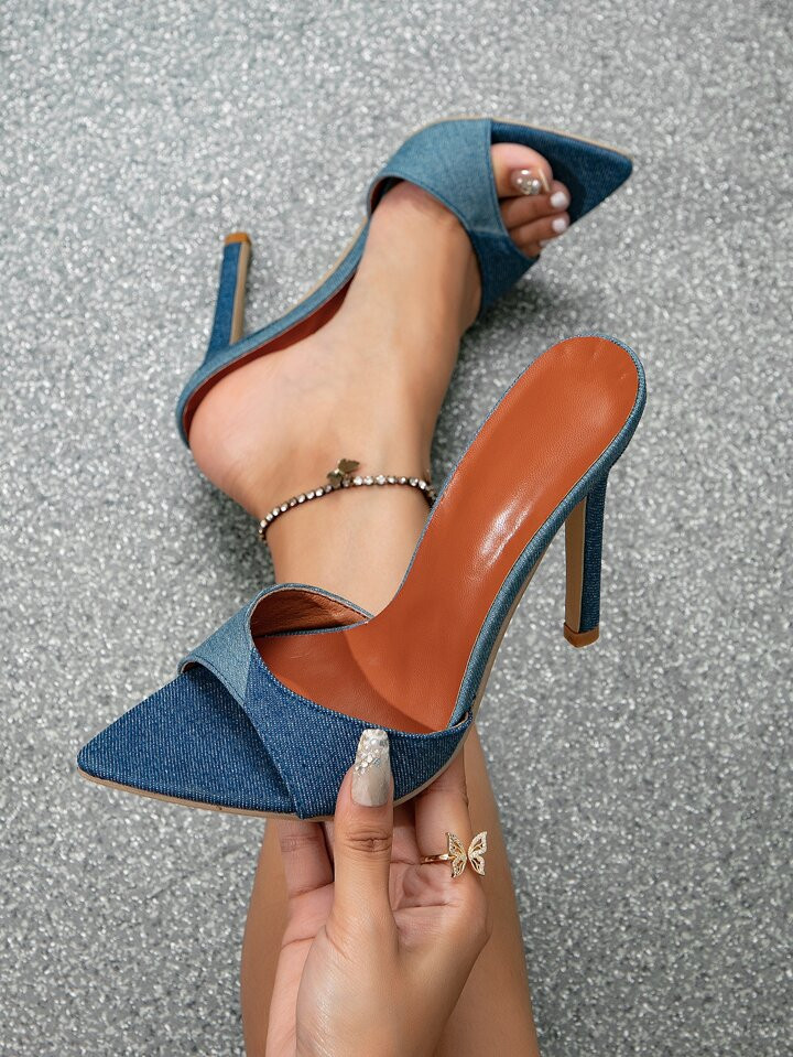 Women's Fashionable Denim Fabric Pointed Toe High Heel Sandals | SHEIN