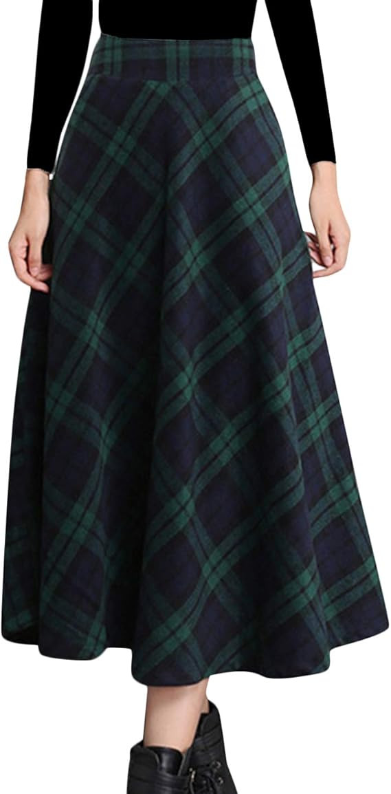Tanming Women's Winter Warm Elastic Waist Wool Plaid A-Line Pleated Long Skirt | Amazon (US)
