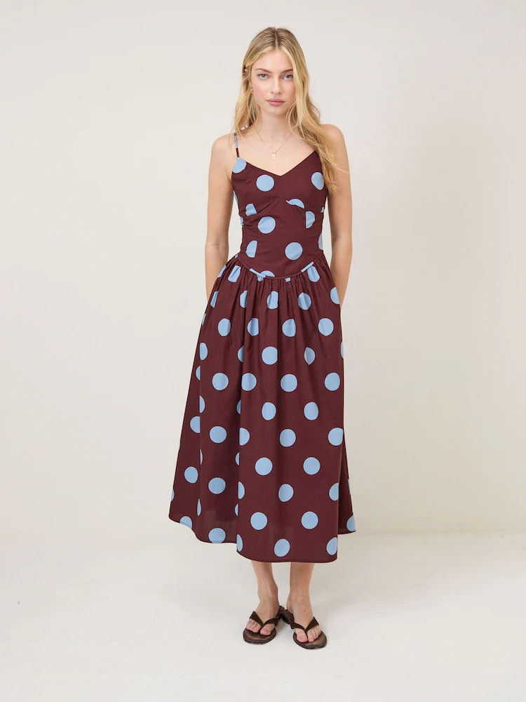 Nobodys Child Brown and Blue Polka Dot Renley Strappy Drop Waist Midi Dress | Next EU