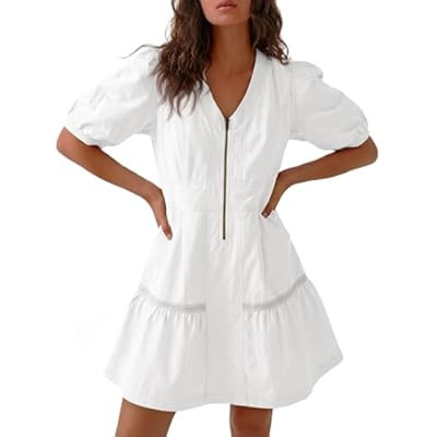 Fisoew Women's Short Sleeve Mini Dress Casual Half Zip V Neck Loose Mesh Back Utility Summe… | Amazon (US)