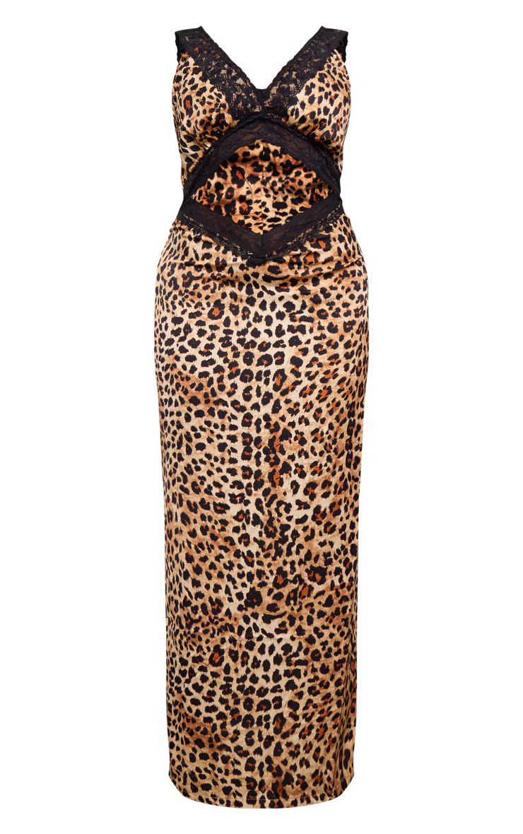 Plus Leopard Print Satin Lace Detail Cut Out Maxi Dress | PrettyLittleThing UK