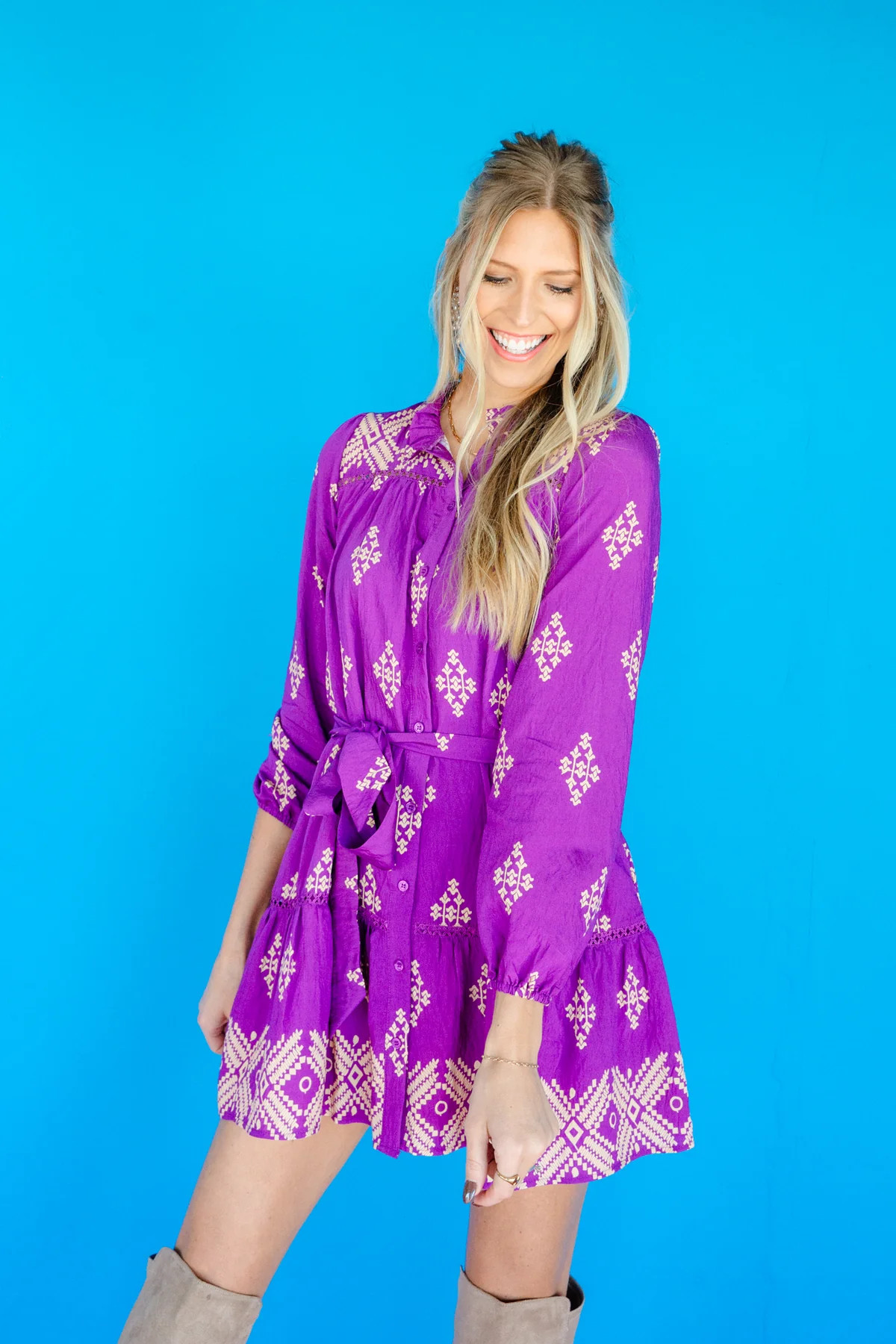 Becky Long Sleeve Mini Dress - Warm Purple + Beige | MyEllement Boutique