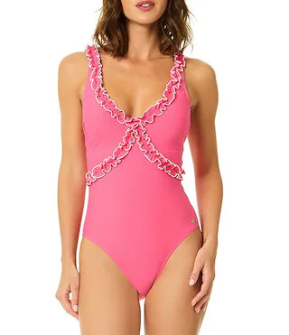 CeCe Solid Contrast Ruffle V-Neck One Piece Swimsuit | Dillard's | Dillard's