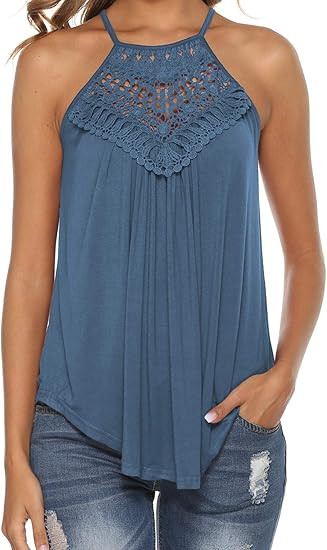 Bluetime Women's Summer Halter Spaghetti Strap Lace Flowy Tank Tops Cami Shirts | Amazon (US)
