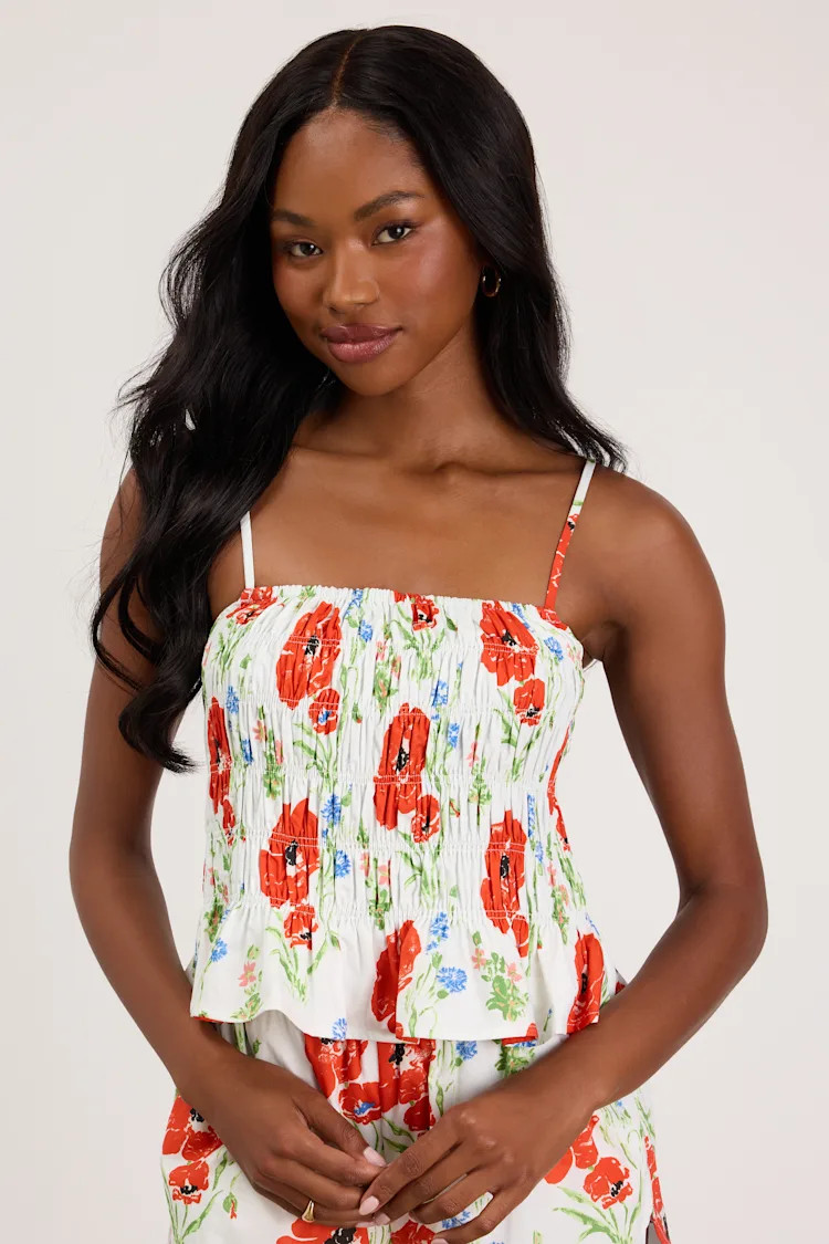 Delaina White Multi Floral Smocked Tank Top | Lulus