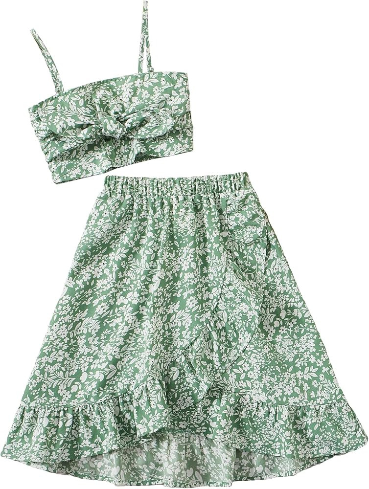 Verdusa Girl's 2 Piece Casual Outfits Floral Print Crop Cami Top with Ruffle Hem Skirt | Amazon (US)