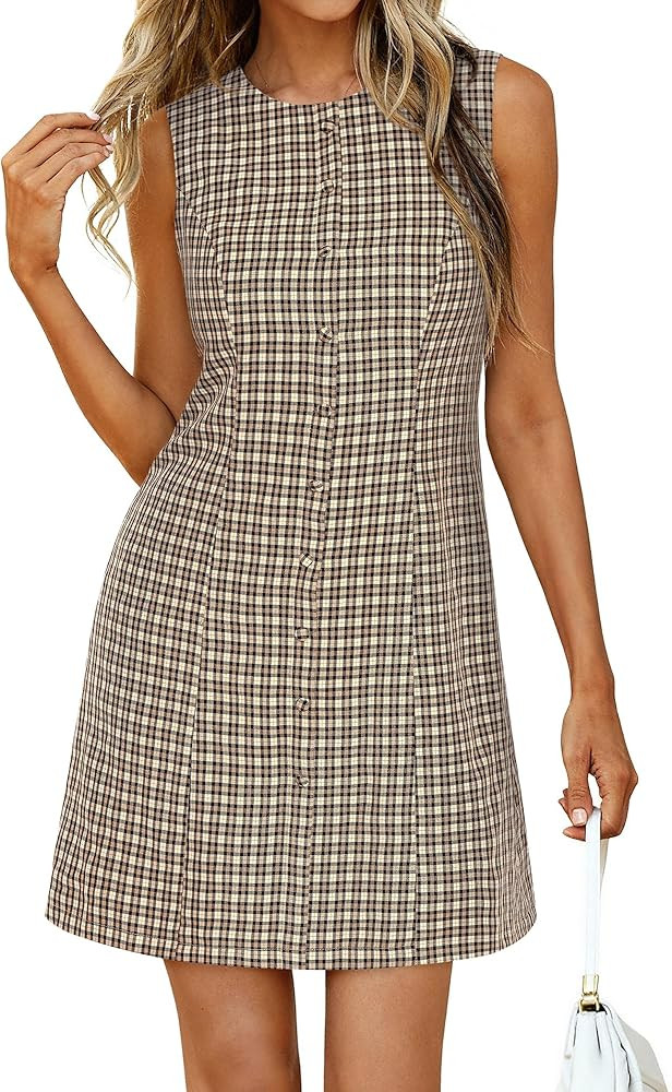 BTFBM Womens Summer Dress 2026 Spring Plaid Crew Neck Sleeveless Button Bodycon Mini Vintage Busi... | Amazon (US)