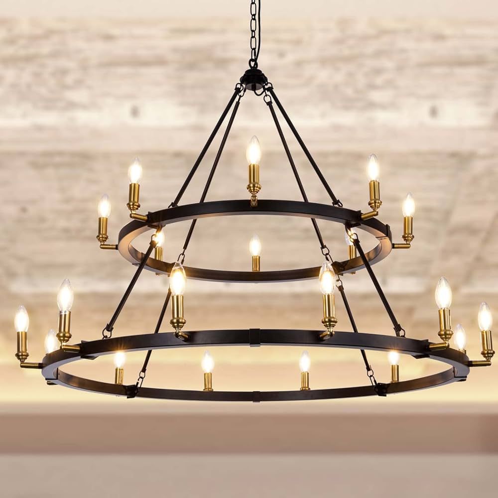 TOCHIC Black Gold Chandelier Light Fixture, Farmhouse Dining Room 20-Light Large Round Wagon Whee... | Amazon (US)