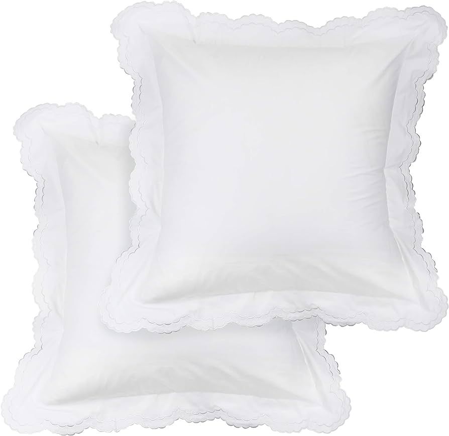 Melange Home Percale Cotton Double Scalloped Embroidered, Euro Sham Cover Pair, White on White | Amazon (US)