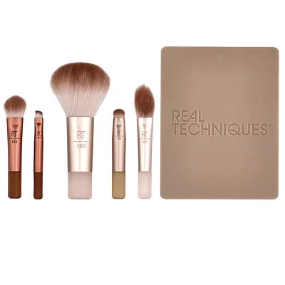Real Techniques, New Nudes 2.0, On-The-Glow Mini Brush Set + Mirrored Compact, 6 Piece Set | iHerb