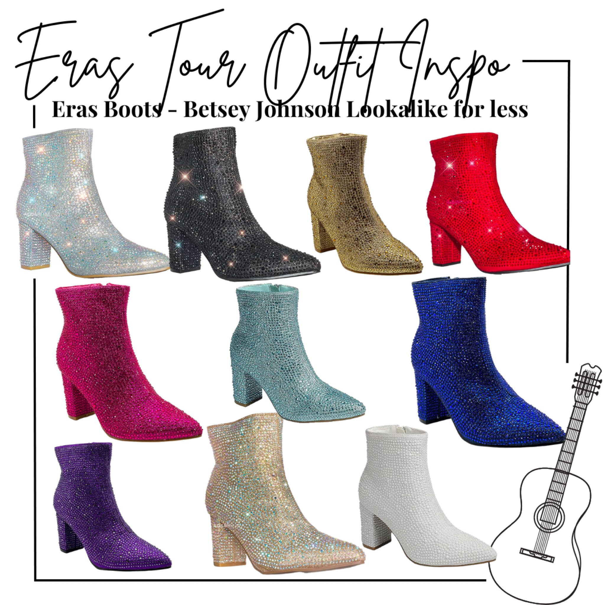 Taylor swift eras tour rhinestone ankle boots for each era - debut, fearless, speak now, 1989, reputation, lover, red, folklore, evermore, midnights

Betsey Johnson look for less on amazon 

Concert Outfit, eras Outfit, Taylor Swift, swiftie, ootd, Outfit inspo, festival Outfit, country concert 

#LTKFestival #LTKFind #LTKshoecrush