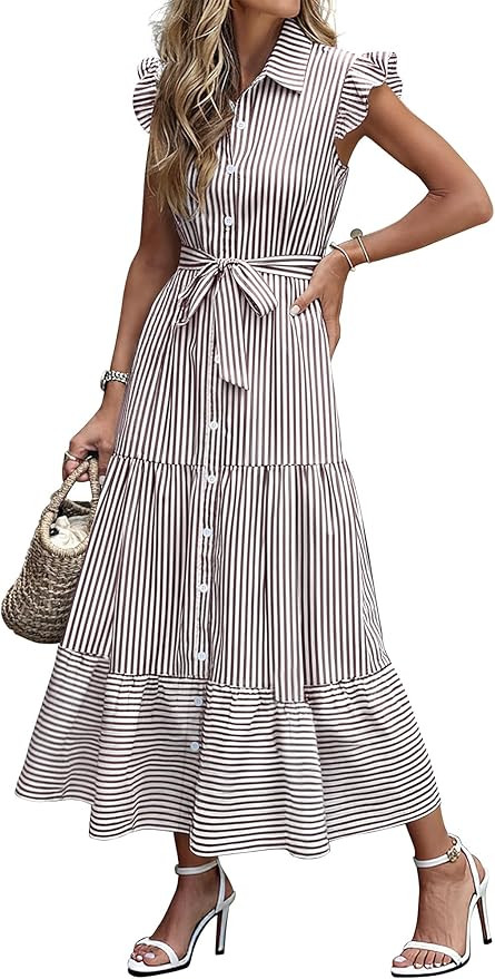 Caracilia Womens Summer Casual Ruffle Cap Sleeve Maxi Dress Button Down Striped Plaid Tie Waist V... | Amazon (US)