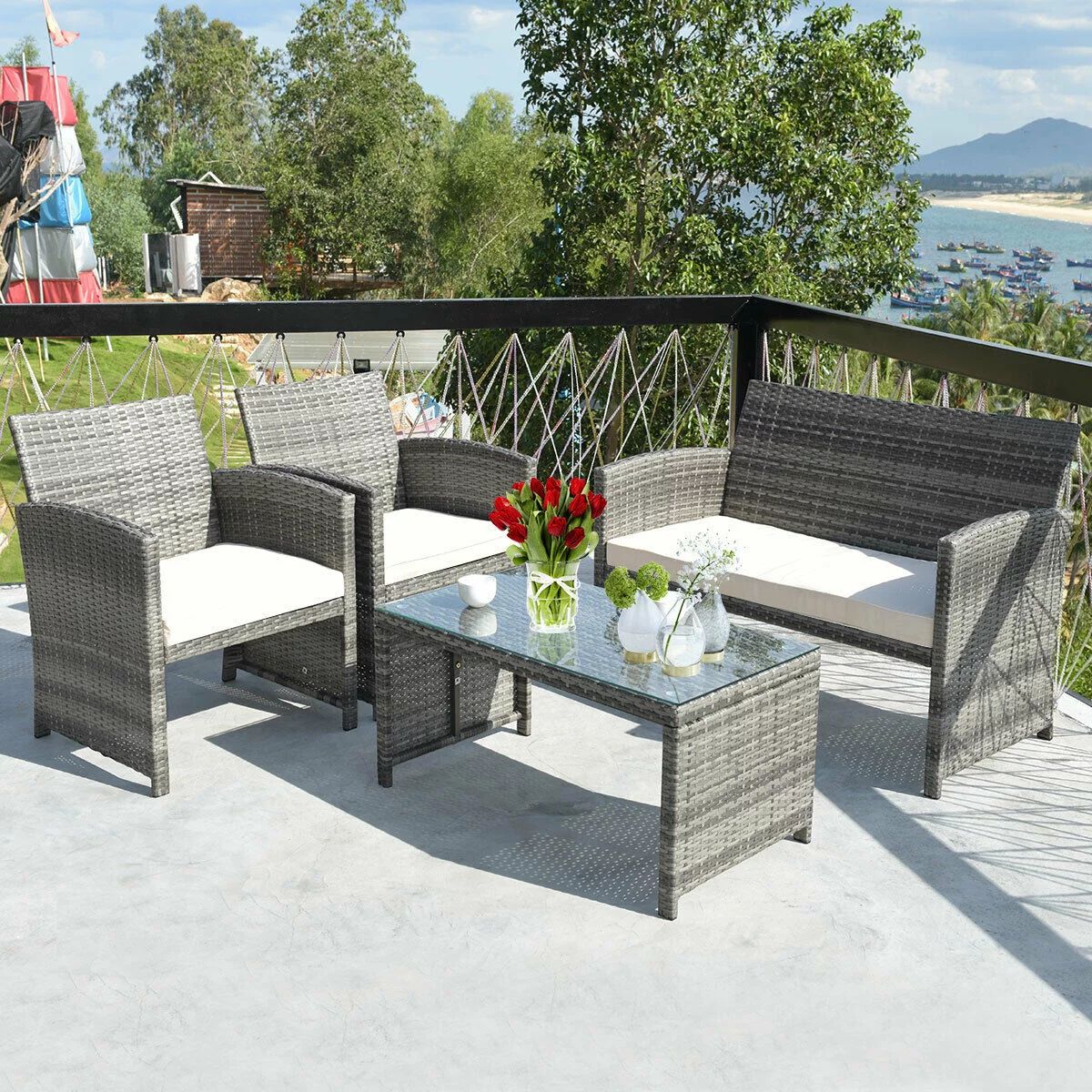 Costway 4 Pc Rattan Patio Furniture Set Garden Sofa with White Cushions | Walmart (US)