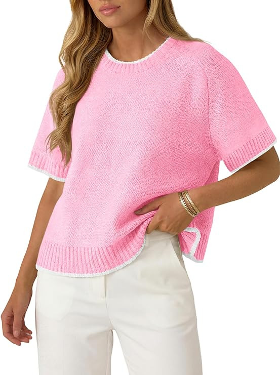 Saodimallsu Womens Short Sleeve Sweaters Casual Crew Neck Lightweight Color Block Loose Fit Summe... | Amazon (US)