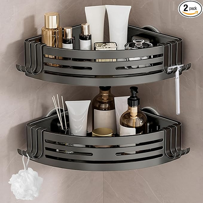 Lekesky Corner Shower Caddy Suction Cup, Corner Shower Shelf with Hooks, Bathroom Shelves No Dril... | Amazon (US)