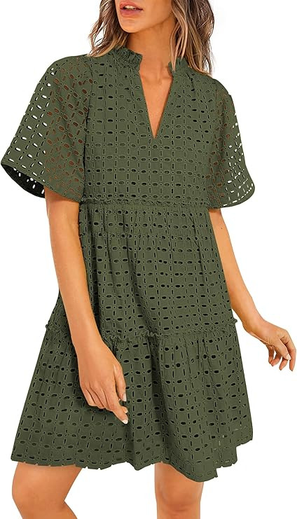 PRETTYGARDEN Eyelet Dresses for Women 2026 Summer Short Sleeve V Neck Hollow Out Ruffle A Line Bo... | Amazon (US)