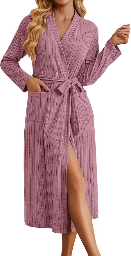 Ekouaer Womens Robes Long Ribbed Knit Bathrobe Kimono Robe Lightweight Soft Sleepwear Casual Ladi... | Amazon (US)