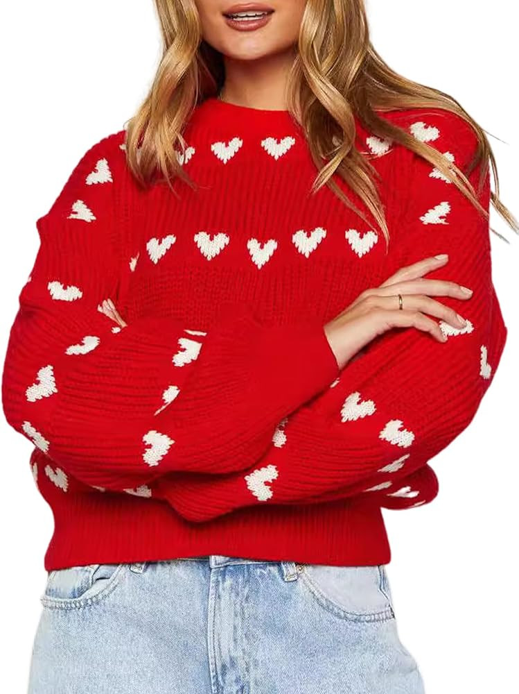 Arssm Womens Heart Sweater Valentine Crewneck Long Sleeve Pullover 2026 Cute Knit Tops | Amazon (US)