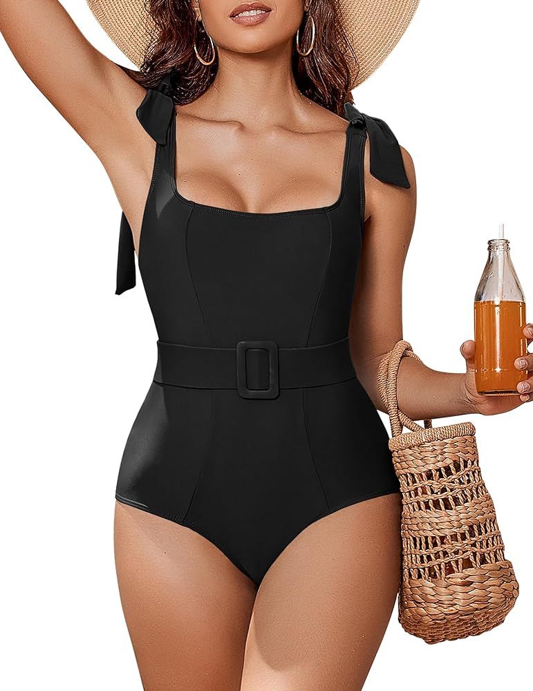 AI'MAGE Womens U Neck One Piece Swimsuit Tie Shoulder Tummy Control Bathing Suits with Belt | Amazon (US)