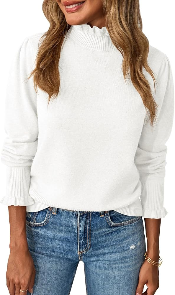 Saodimallsu Womens Ruffle Mock Neck Sweater Puff Long Sleeve Fall Soft Knit Casual Pullover Sweat... | Amazon (US)
