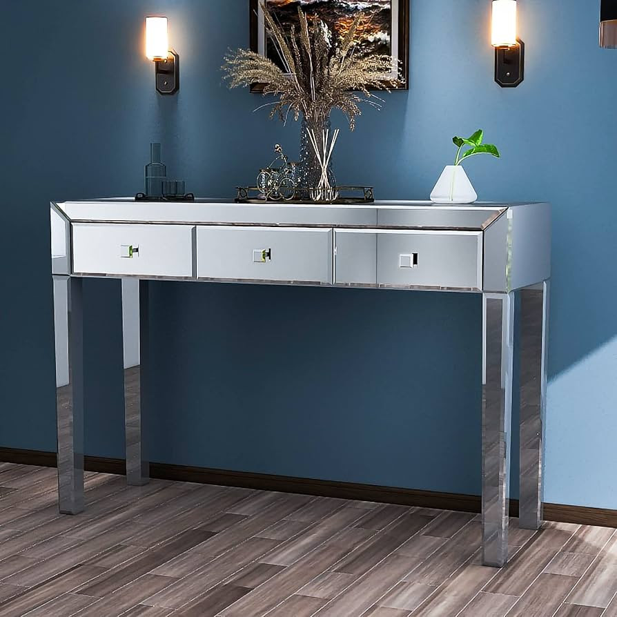 FINECASA Mirrored Desk Entry Table with 3 Drawers, Mirror Accent Table with Storage Drawer, Mirro... | Amazon (US)