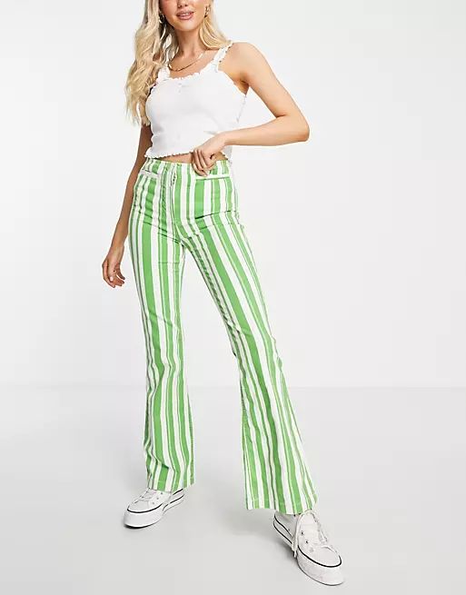 Topshop high waist stripe print flared pants with front pockets in green | ASOS (Global)