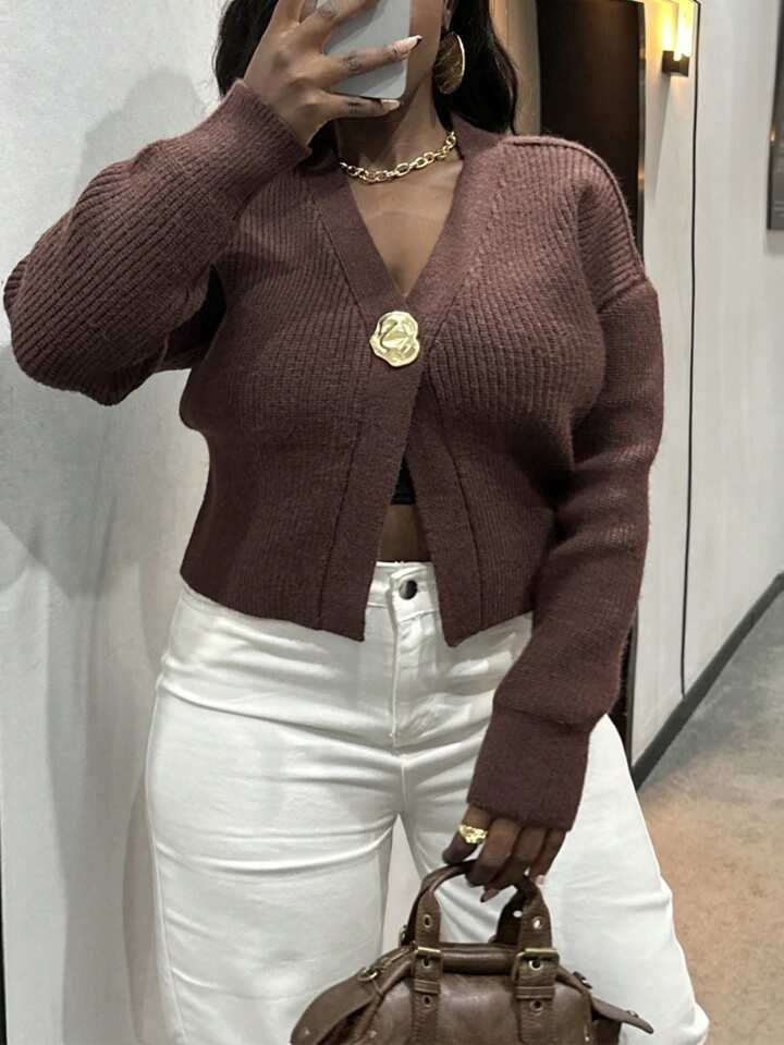 SHEIN Slayr Plus Size Casual Solid Color Metal Decor Cardigan, Autumn/Winter | SHEIN