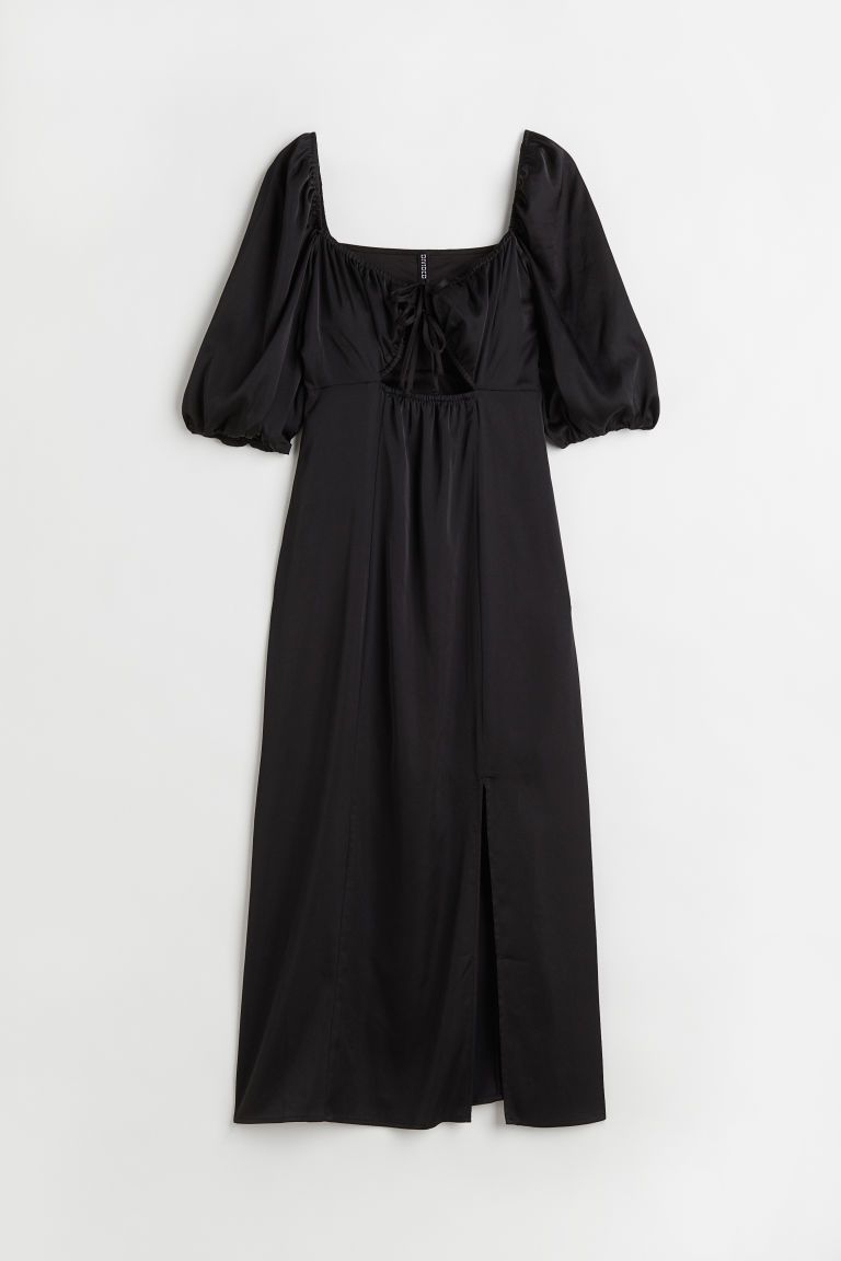H & M - Puff-sleeved satin dress - Black | H&M (UK, MY, IN, SG, PH, TW, HK)