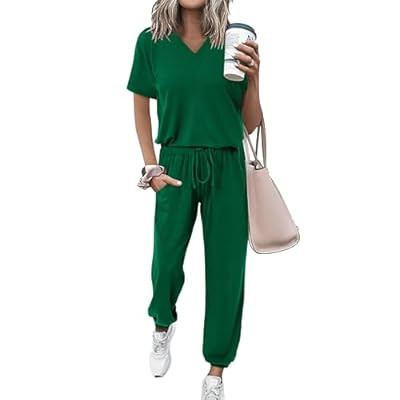 MASCOMODA Womens 2 Piece Outfits Summer Casual V Neck Short Sleeve Tops Long Pants… | Amazon (US)