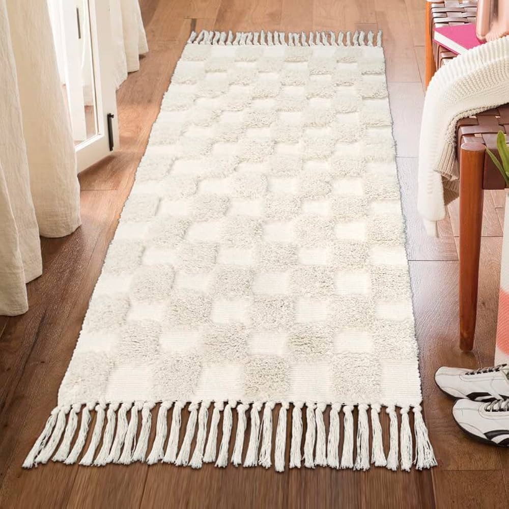 Lanffia Boho Runner Rug 2x5, Washable Beige Checkered Tufted Kitchen Runner with Tassels Bohemian... | Amazon (US)