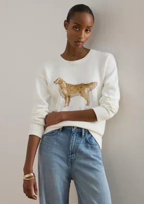 Lauren Ralph Lauren Women's Intarsia-Knit Golden Retriever Sweater, White, Medium | Belk