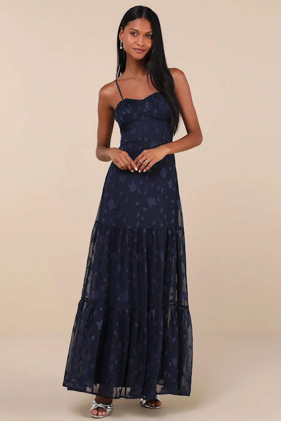 Poised Grace Navy Blue Burnout Floral Bustier Tiered Maxi Dress | Lulus