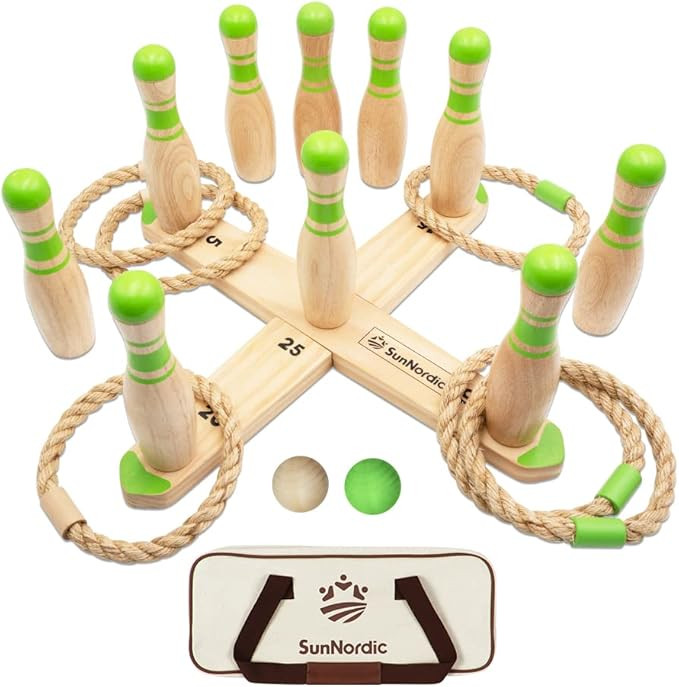 SunNordic Wooden Ring Toss Game Set, Combined 2 IN 1 Backyard Throwing Game and Giant Bowling Ski... | Amazon (US)