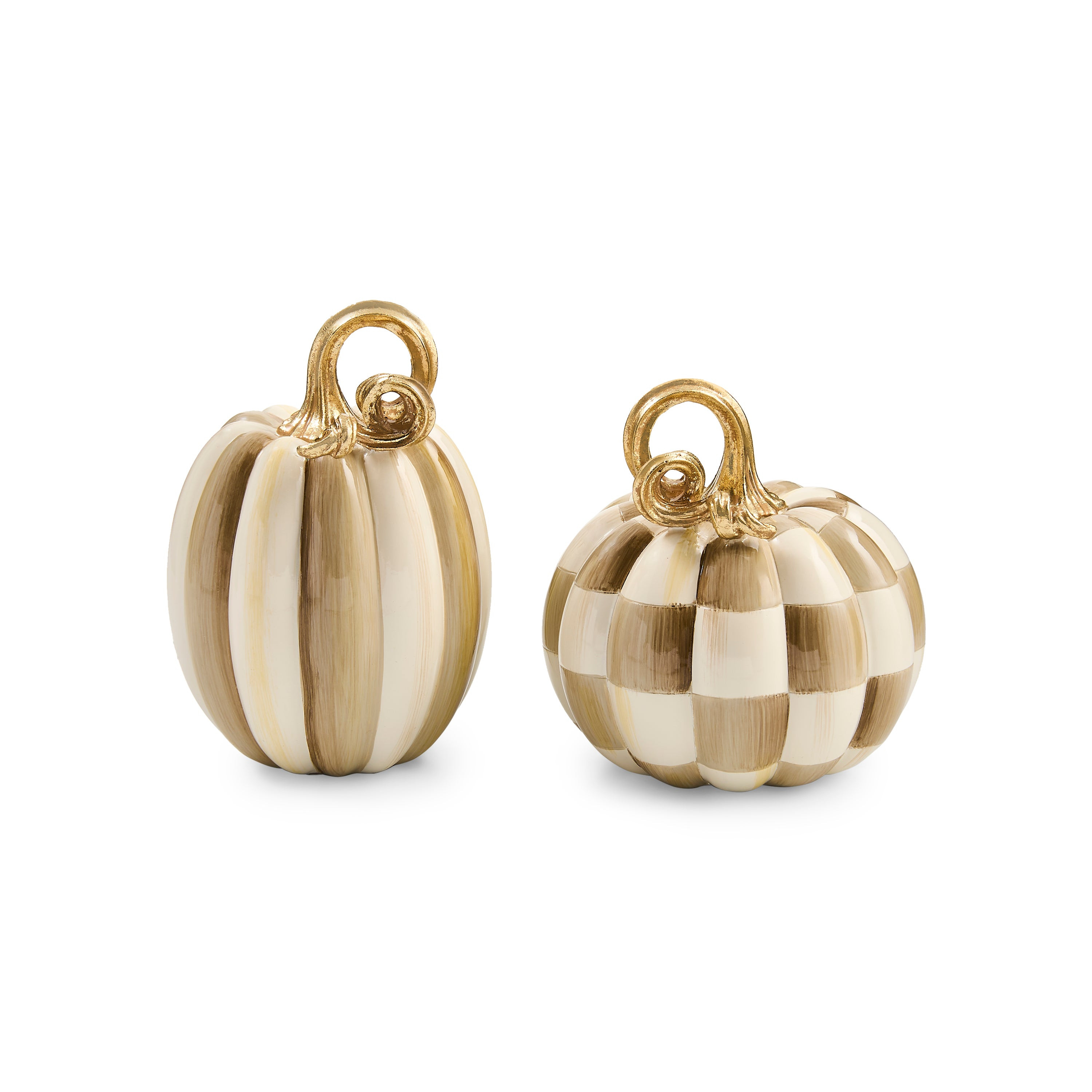 MacKenzie-Childs Mocha Check and Stripe Petite Pumpkins, Figurine | MacKenzie-Childs