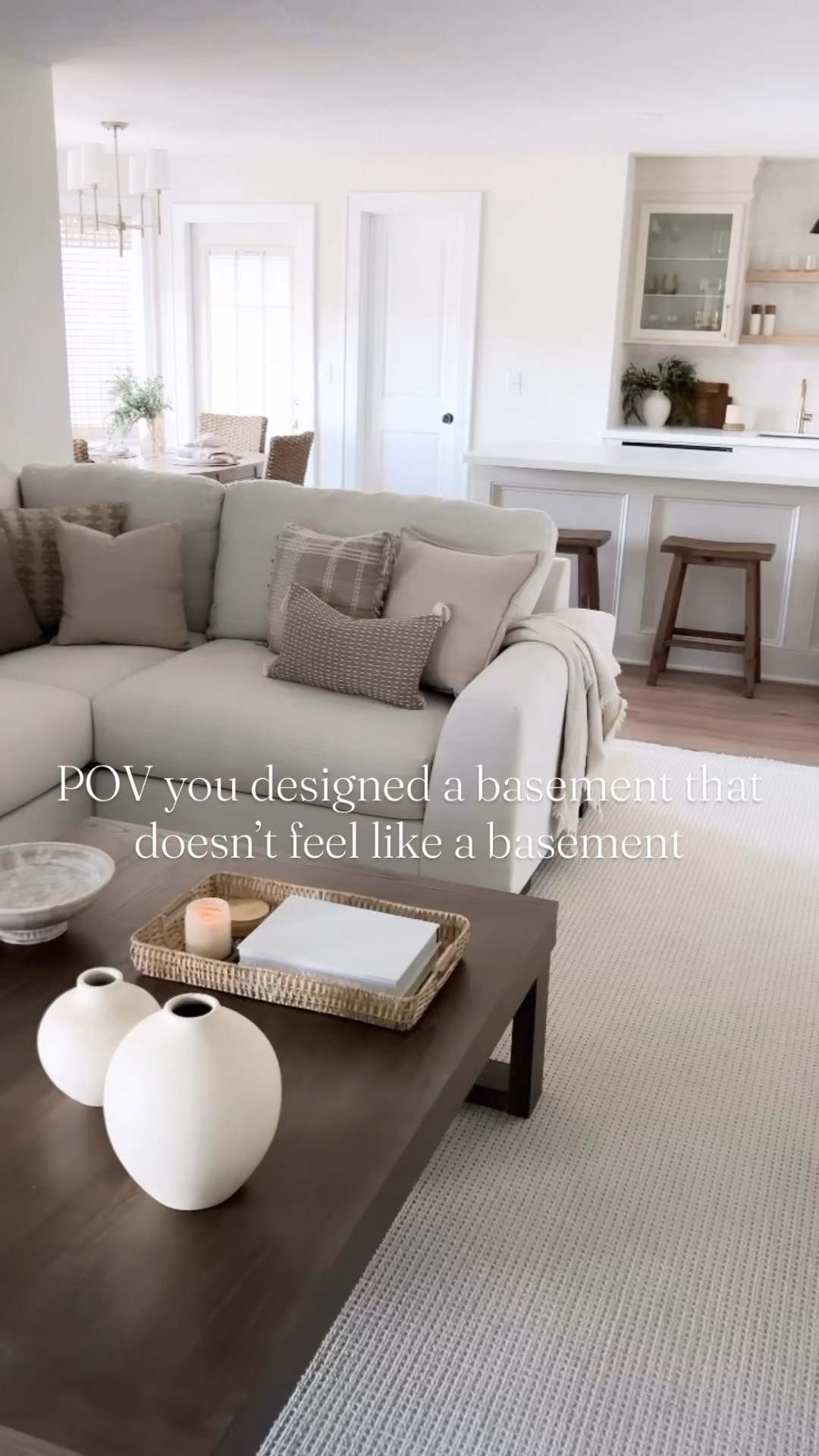 Basement inspo, sectional, couch, sofa, coffee table, oversized coffee table, dining table, kitchen table, counter stool, home decor