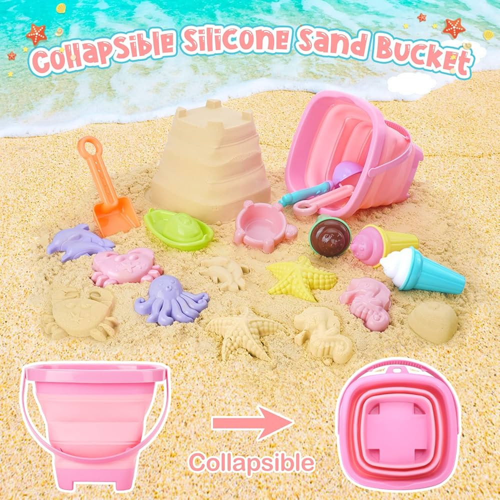 REZUCREY Beach Toys, Ice Cream Sand Toys for Toddlers, Collapsible Sand Bucket and Shovels Kids B... | Amazon (US)