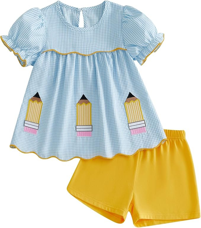 Toddler Girl Back to School Outfit Kids Pencil Plaid T-Shirt Shorts Set | Girls Perschool Kinderg... | Amazon (US)