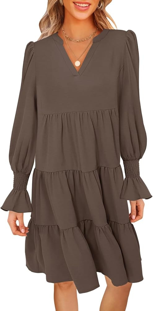 MEROKEETY Women's 2025 Long Sleeve Midi Dress V Neck Flowy Swing Ruffle Tiered Fall Casual Dresse... | Amazon (US)