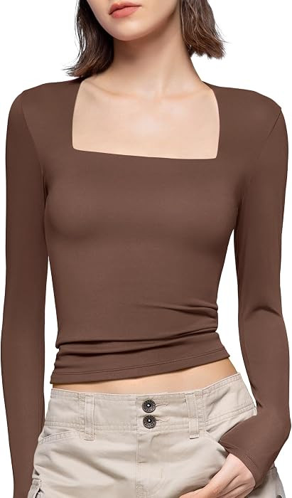 PUMIEY Women's Square Neck Long Sleeve T Shirts Slim Fit Tops Basic Tee Smoke Cloud Pro Collection | Amazon (US)
