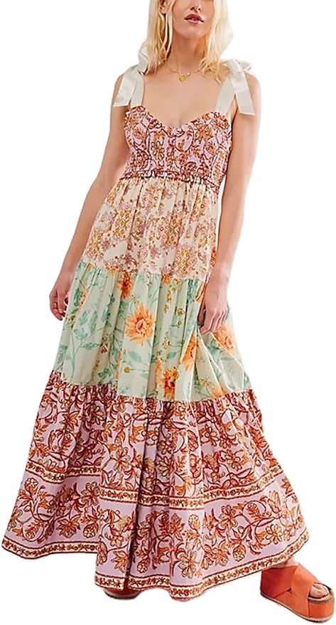 Women Summer Maxi Dress Floral Smocked Shirred Long Dress Boho Sleeveless Tie Shoulder Sundress | Amazon (US)