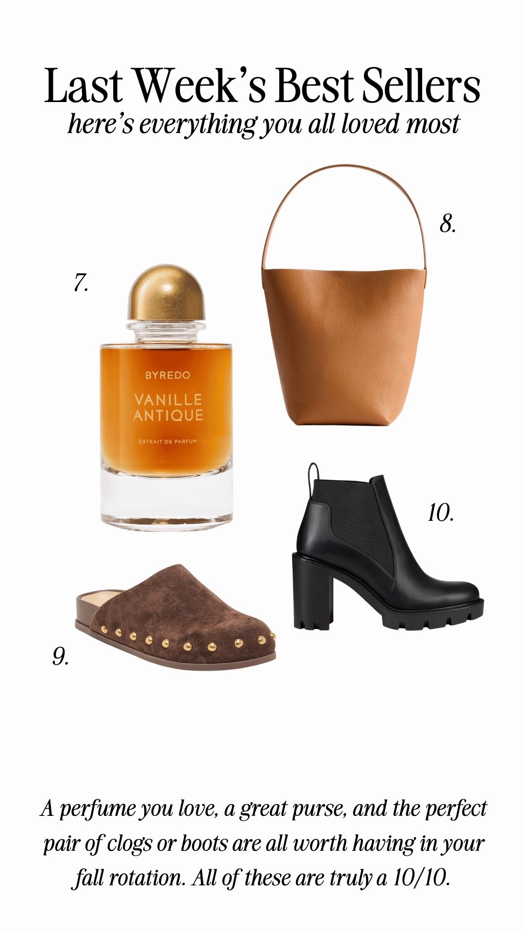 Last week’s bestsellers !!

Ash:
Height: 5’6
Weight: 140 pounds
Top size: medium
Pants size: medium, 6 or 28 
Shoes: 9 or 39

Em:
Height: 5’6
Weight: 115 pounds
Top size: small
Pants size: small, 2 or 25 
Shoes: 8.5 or 39

Size up a full size in the Loub boots!

Byredo - scent vanilla antique